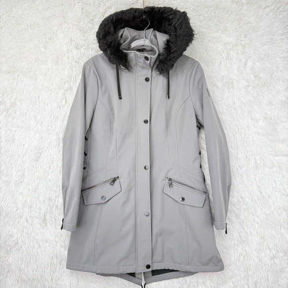 Guess Jacket Womens Large Gray Hooded Faux Fur Parka Coat Laced Sides Winter - Picture 1 of 16